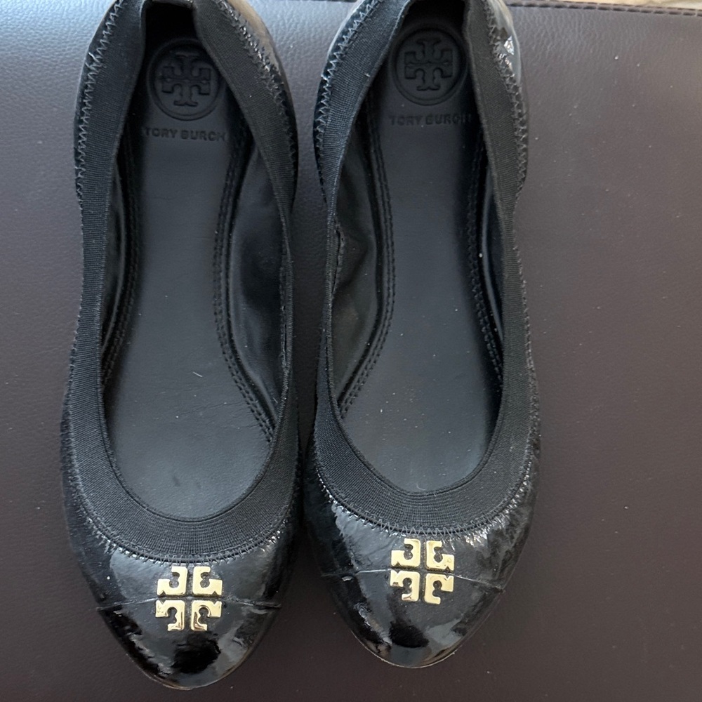 Tory Burch Black Patent Flats with Gold Logo